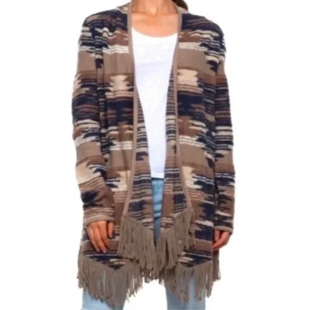Lucky Brand open front Aztec blue, tan fringed cardigan.  Size Large.